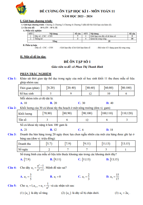 03 đề ôn tập cuối kì 1 toán 11 năm 2023 – 2024 trường thpt việt đức – hà nội