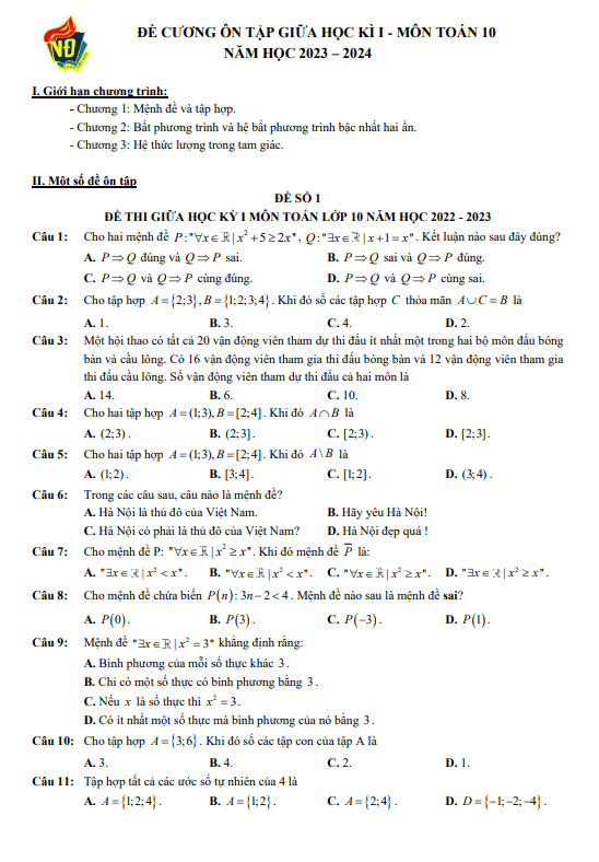 03 đề ôn tập giữa kì 1 toán 10 năm 2023 – 2024 trường thpt việt đức – hà nội
