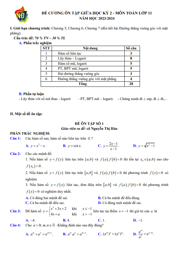 03 đề ôn tập giữa kì 2 toán 11 năm 2023 – 2024 trường thpt việt đức – hà nội