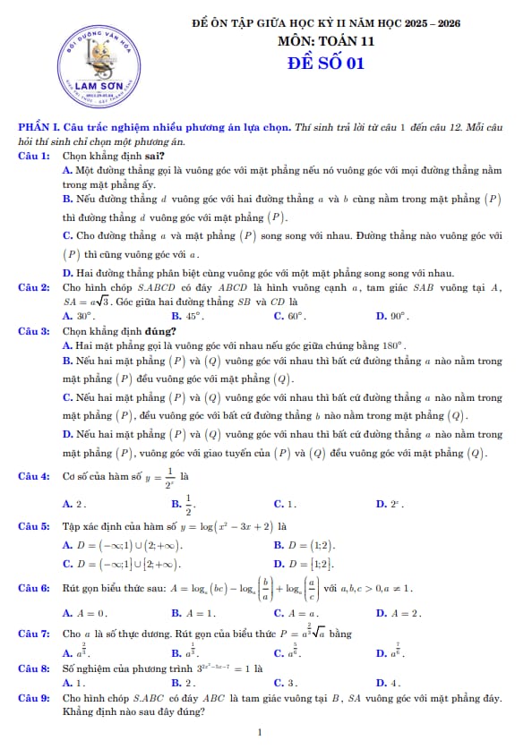 04 đề ôn tập giữa học kỳ 2 môn toán 11 năm 2025 – 2026 có đáp án và lời giải