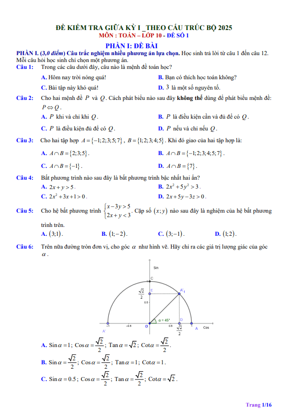 05 đề kiểm tra giữa học kì 1 toán 10 cấu trúc trắc nghiệm mới