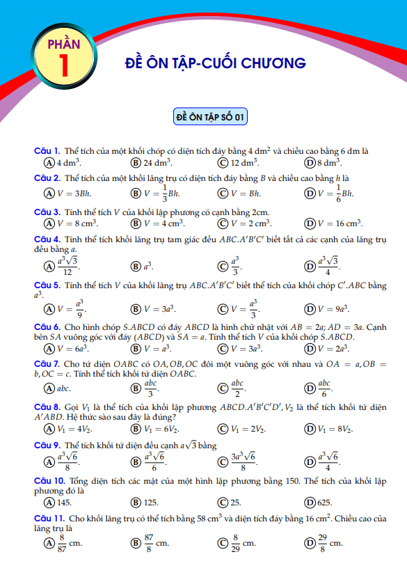 05 đề ôn tập cuối chương khối đa diện và thể tích của chúng có đáp án và lời giải
