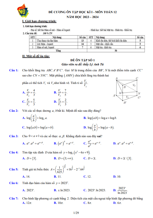 05 đề ôn tập cuối kì 1 toán 12 năm 2023 – 2024 trường thpt việt đức – hà nội