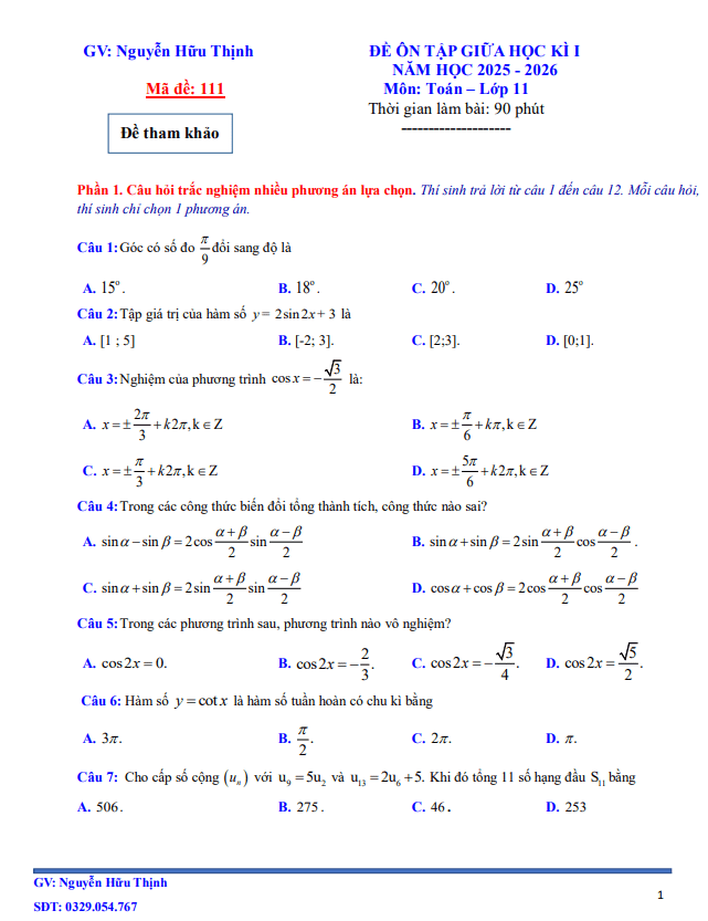 05 đề ôn tập giữa học kì 1 toán 11 năm học 2025 – 2026 – nguyễn hữu thịnh