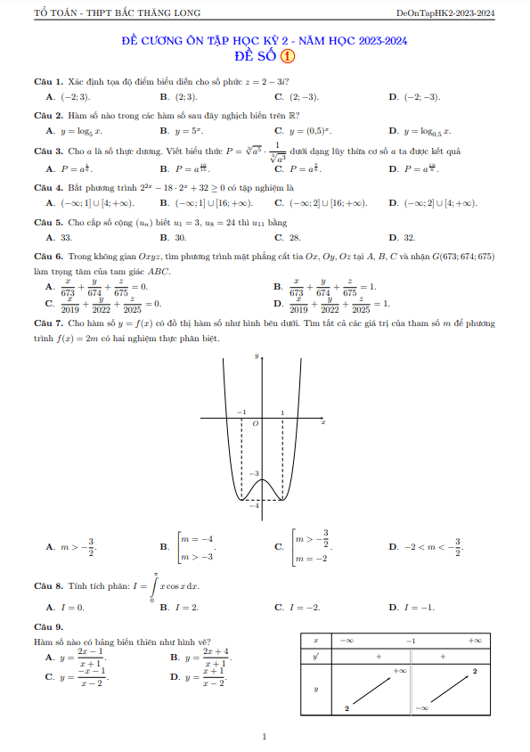05 đề ôn tập hk2 toán 12 năm 2023 – 2024 trường thpt bắc thăng long – hà nội