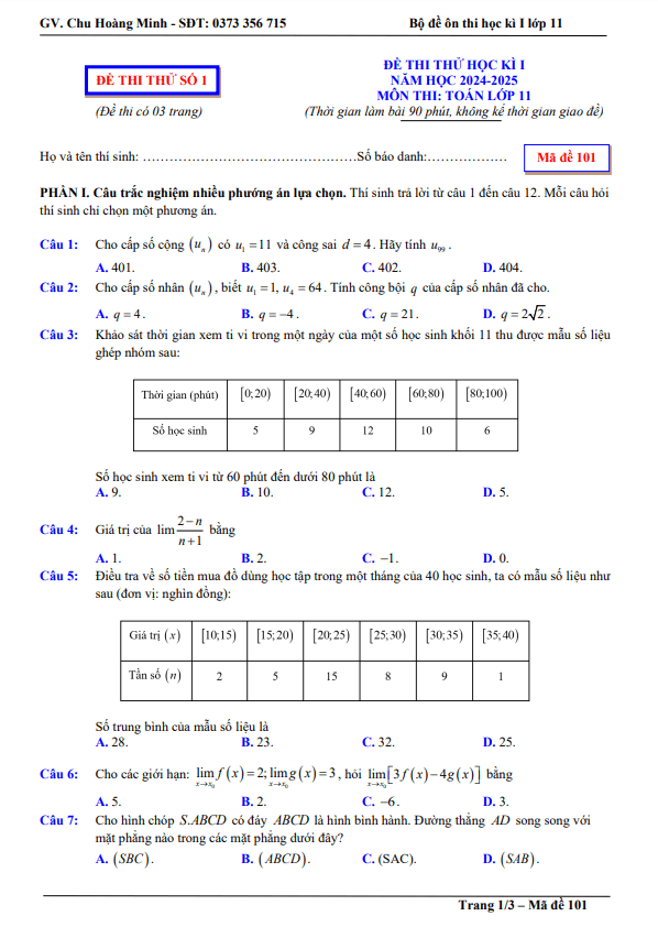 05 đề thi thử cuối học kì 1 toán 11 năm 2024 – 2025 có lời giải chi tiết