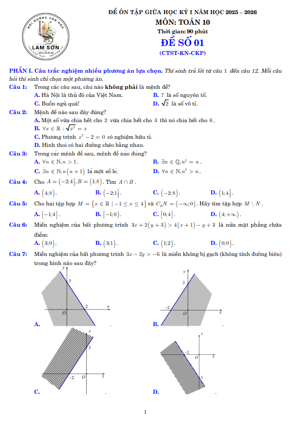 08 đề ôn tập giữa học kỳ 1 toán 10 năm 2025 – 2026 có lời giải chi tiết