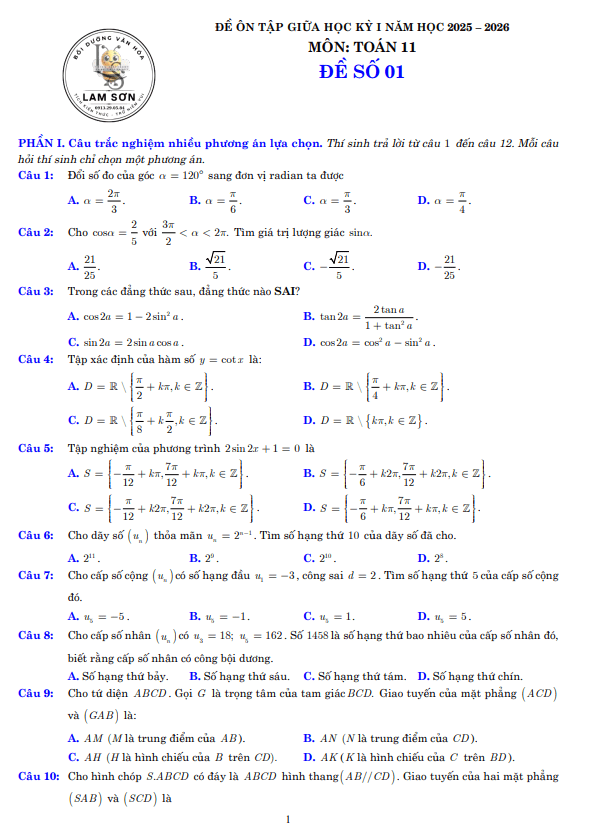 08 đề ôn tập giữa học kỳ 1 toán 11 năm 2025 – 2026 có lời giải chi tiết