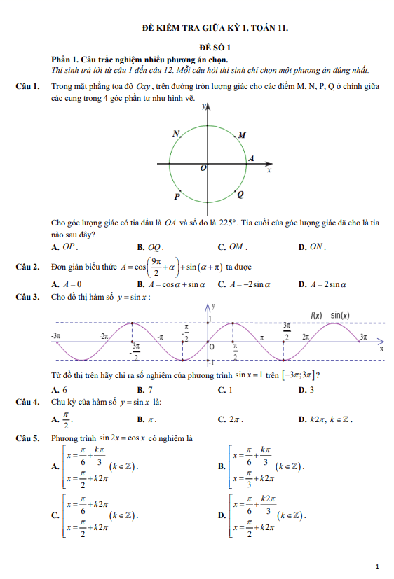10 đề kiểm tra giữa học kỳ 1 môn toán 11 định dạng trắc nghiệm 2025