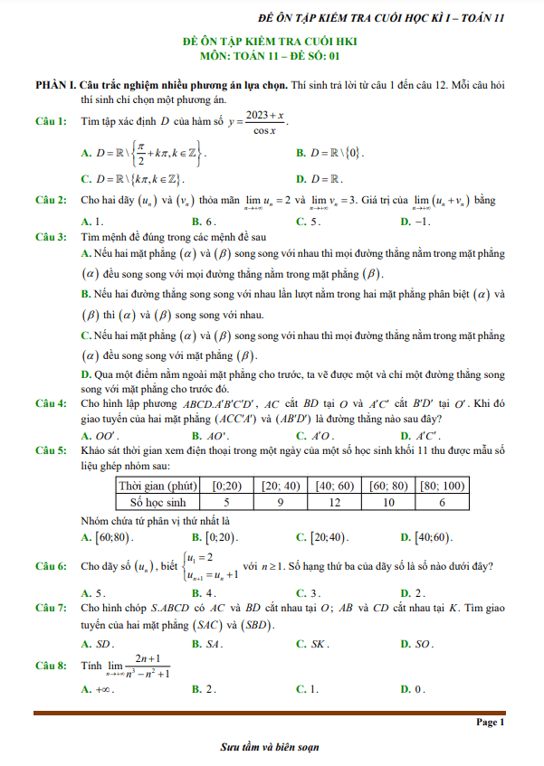 10 đề ôn tập cuối học kì 1 toán 11 knttvcs cấu trúc trắc nghiệm mới