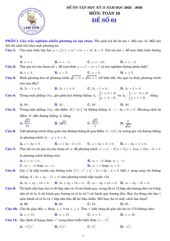 10 đề ôn tập cuối học kỳ 2 toán 10 năm 2025 – 2026 cấu trúc 3-2-2-3