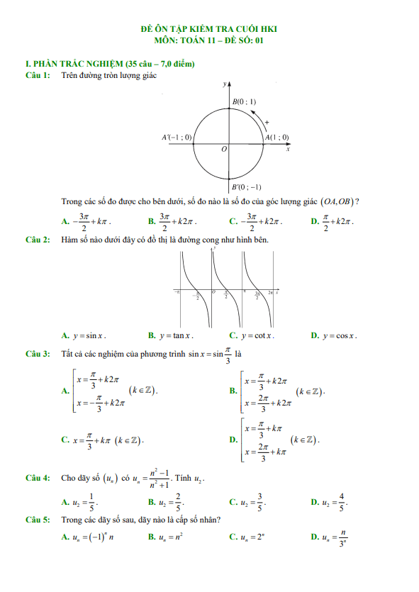10 đề ôn tập kiểm tra cuối học kì 1 toán 11 ctst (70% tn + 30% tl)