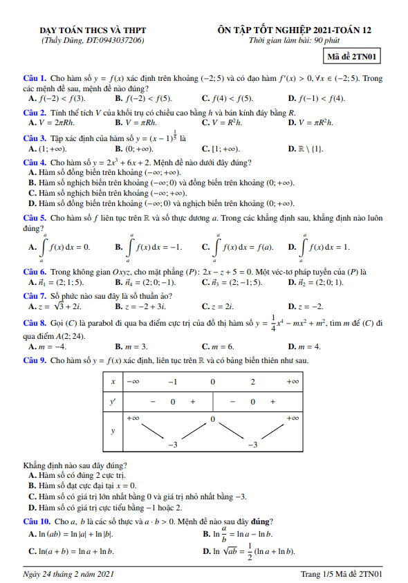 10 đề ôn tập tốt nghiệp thpt 2021 môn toán có đáp án và lời giải