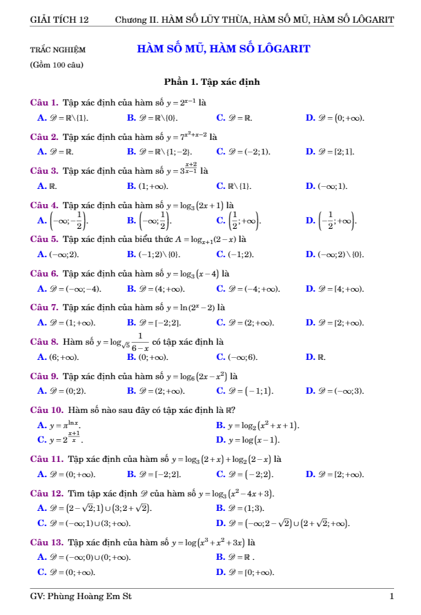 100 bài toán trắc nghiệm hàm số mũ, hàm số logarit có đáp án – phùng hoàng em
