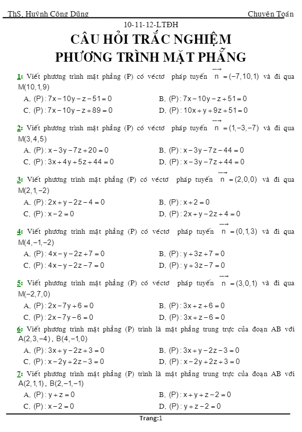 113 bài tập trắc nghiệm phương trình mặt phẳng – huỳnh công dũng