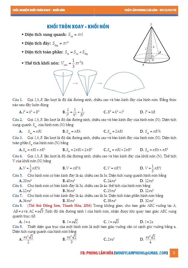 124 bài tập trắc nghiệm mặt nón, hình nón và khối nón – hứa lâm phong