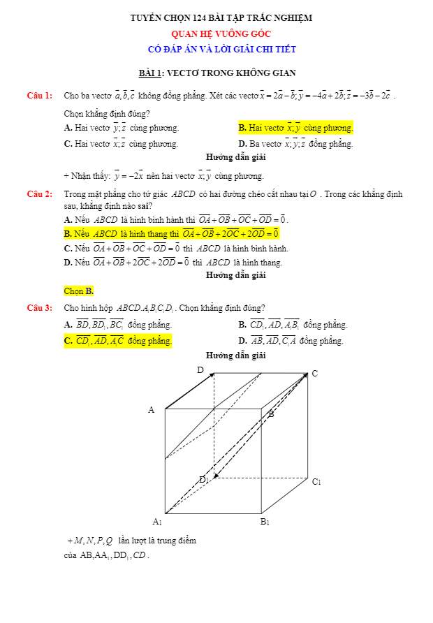 124 bài tập trắc nghiệm quan hệ vuông góc có đáp án và lời giải chi tiết