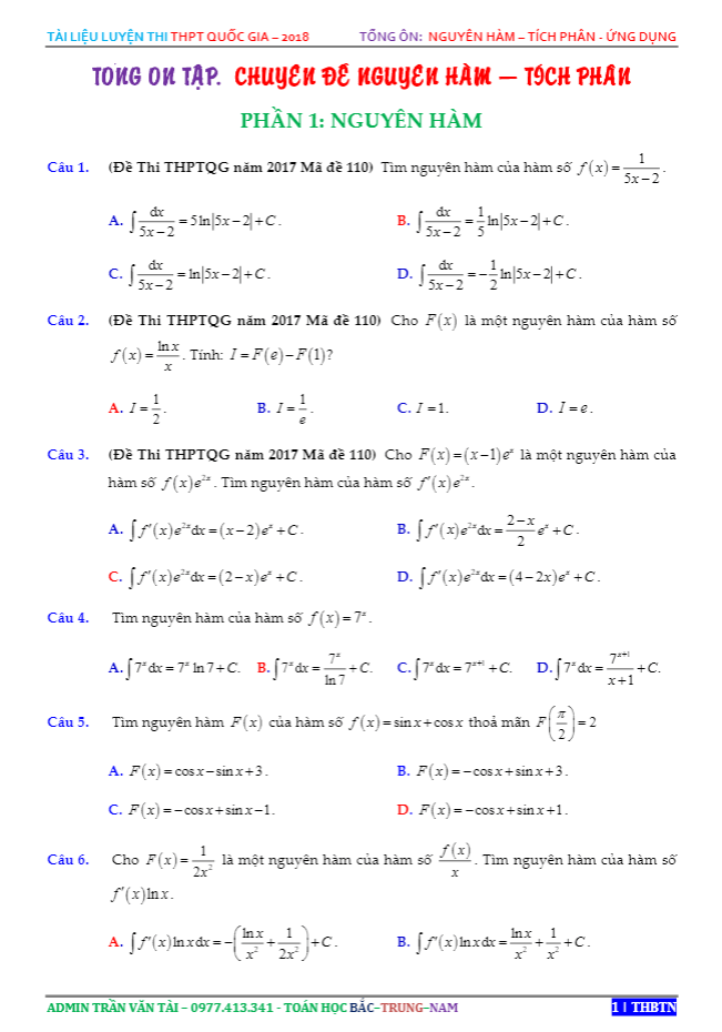 1287 bài tập trắc nghiệm nguyên hàm, tích phân và ứng dụng có đáp án trong các đề thi thử môn toán