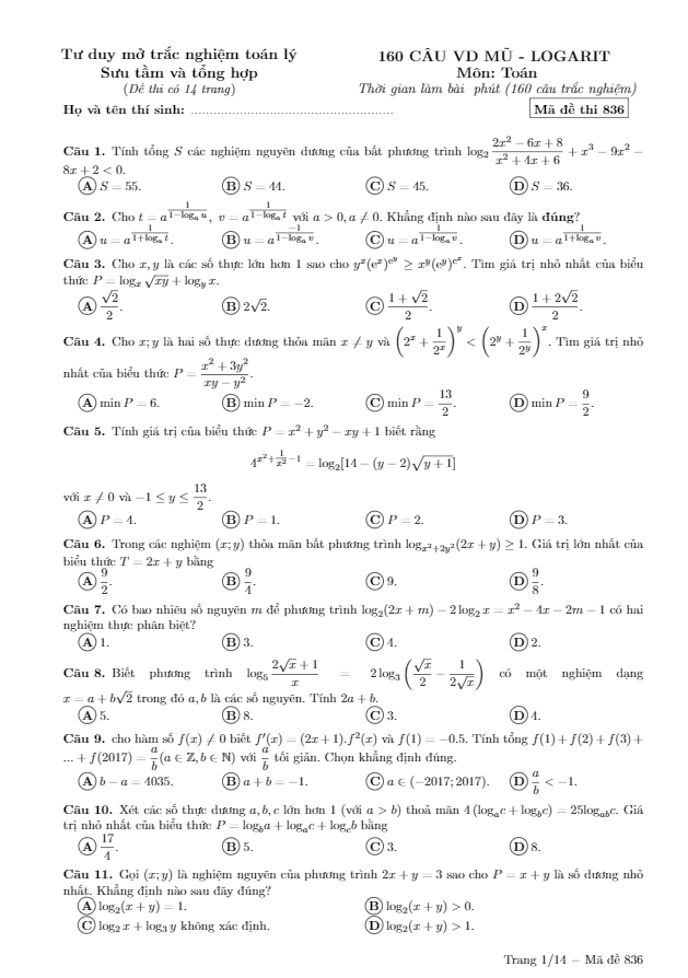 160 câu vận dụng cao mũ – logarit ôn thi thpt môn toán
