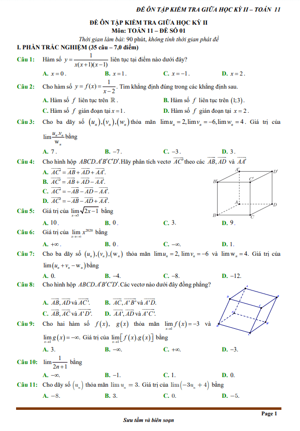 20 đề ôn tập kiểm tra giữa học kỳ 2 toán 11 có đáp án và lời giải