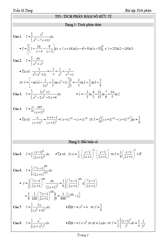 21 bài tập tích phân hàm số hữu tỉ có lời giải – trần sĩ tùng