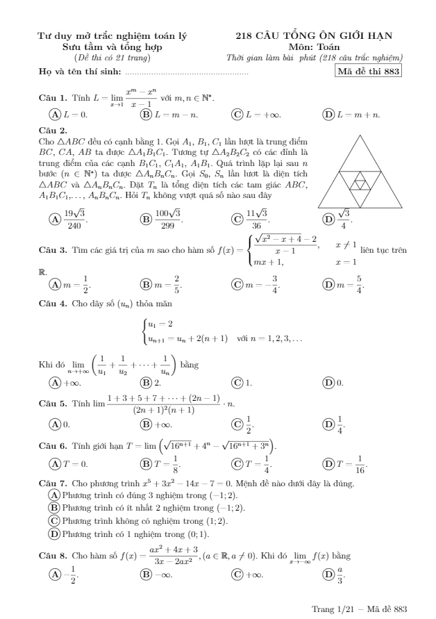 218 câu vận dụng cao giới hạn ôn thi thpt môn toán