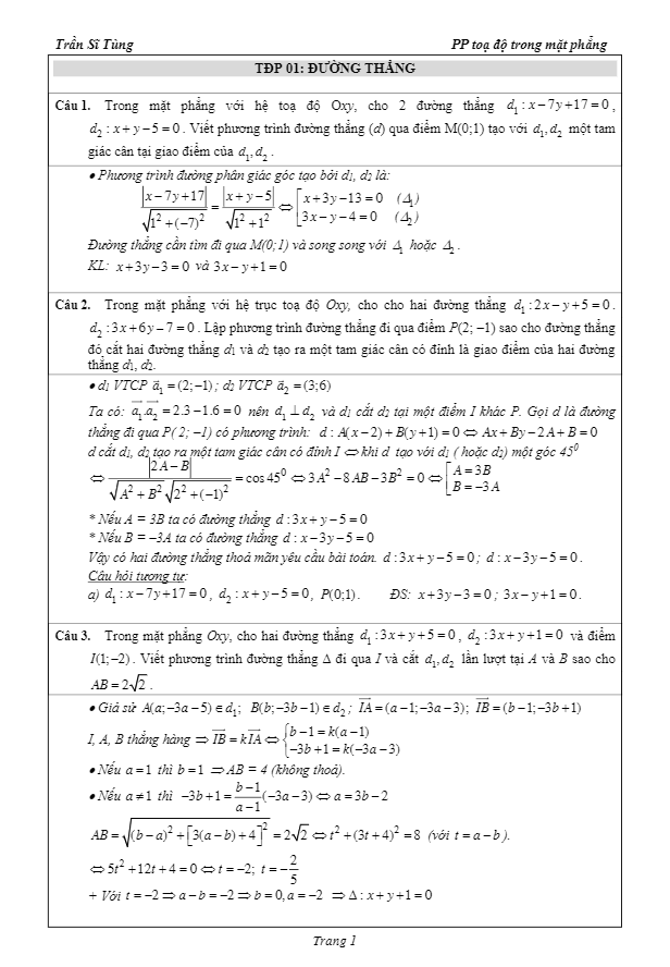 23 bài tập tọa độ phẳng có lời giải – phần đường thẳng – trần sĩ tùng