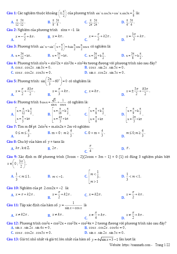 232 bài tập trắc nghiệm hàm số lượng giác và phương trình lượng giác có đáp án