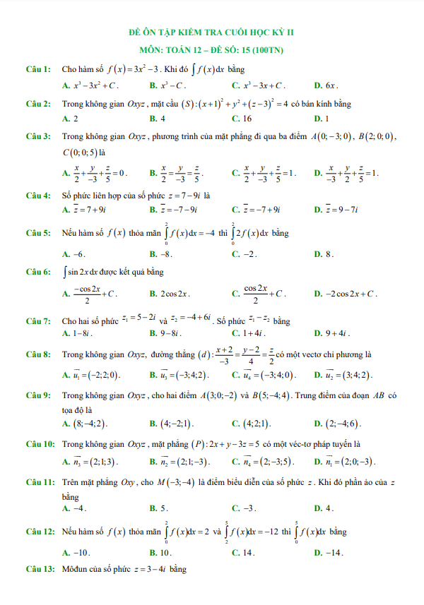 25 đề ôn tập kiểm tra cuối học kỳ 2 môn toán 12 (100% trắc nghiệm)