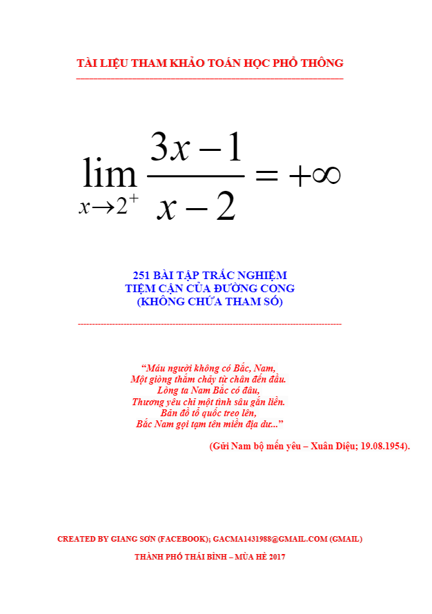 251 bài tập trắc nghiệm tiệm cận của đường cong (không chứa tham số) – lương tuấn đức