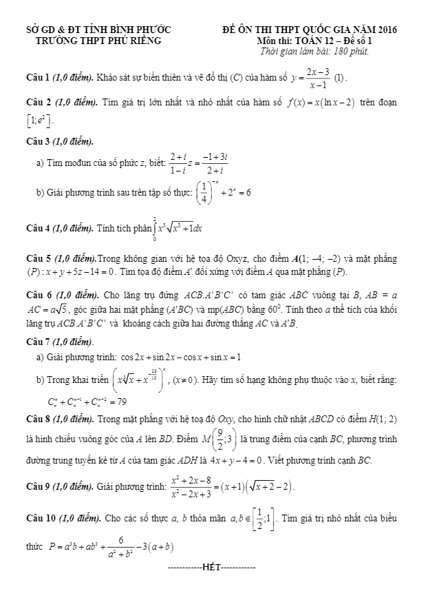 3 đề thi thử quốc gia 2016 môn toán trường phú riềng – bình phước
