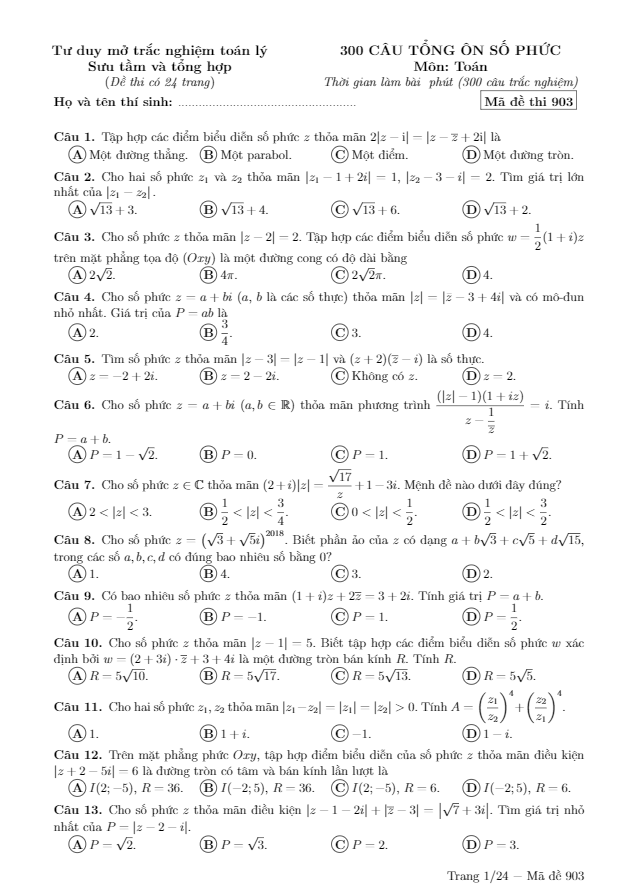 300 câu vận dụng cao số phức ôn thi thpt môn toán