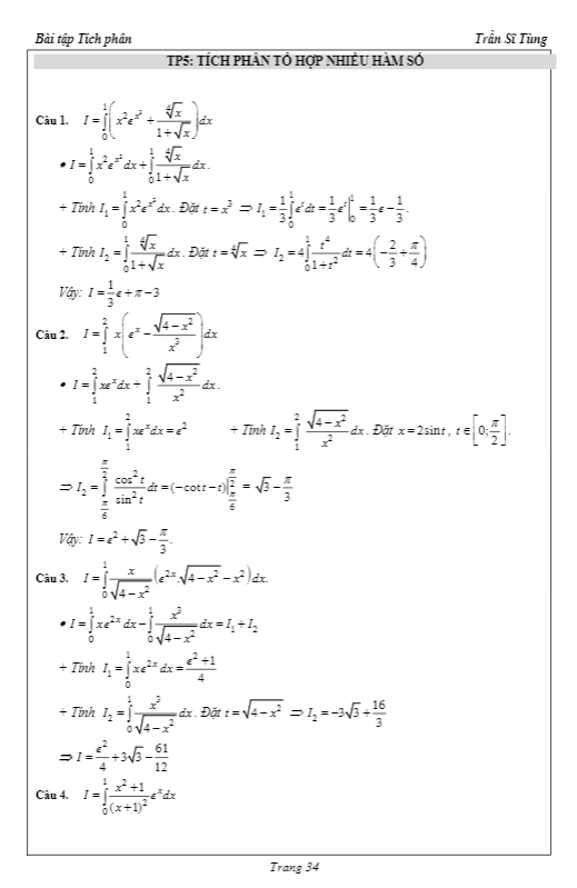 31 bài tập tích phân tổ hợp nhiều hàm số có lời giải – trần sĩ tùng