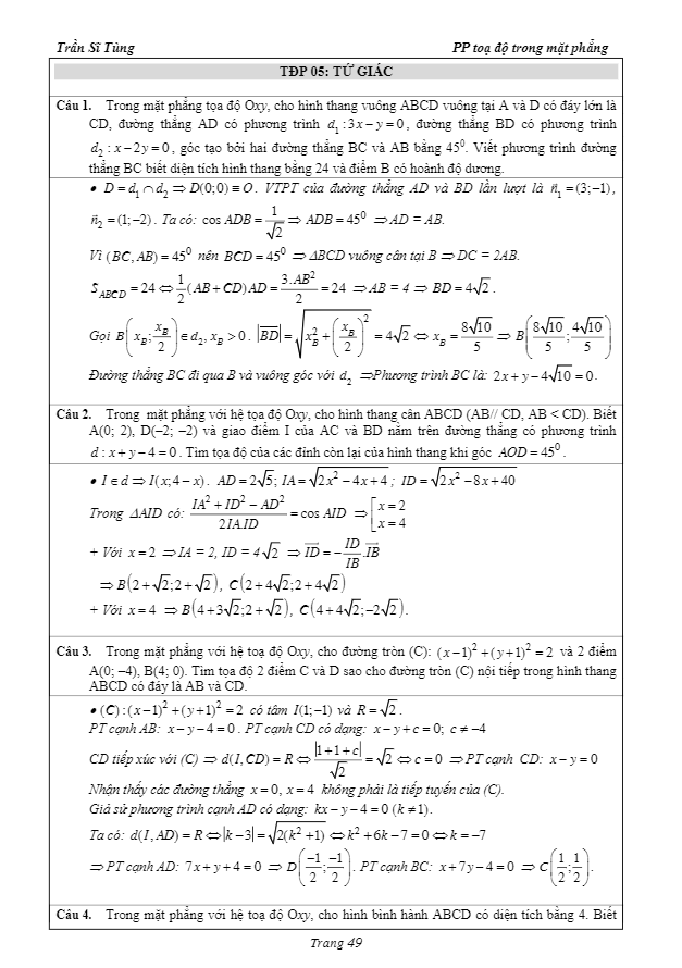 32 bài tập tọa độ phẳng có lời giải – phần tứ giác – trần sĩ tùng