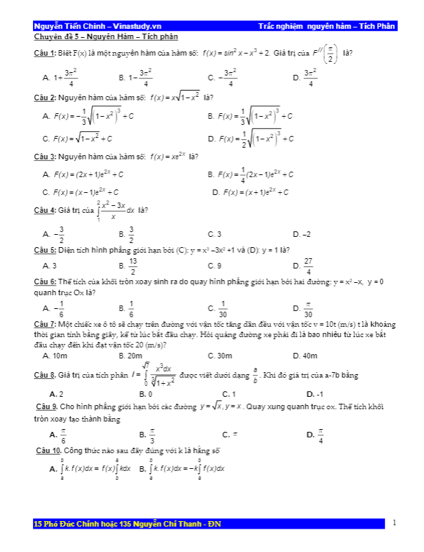 321 bài toán trắc nghiệm nguyên hàm, tích phân – nguyễn tiến chinh