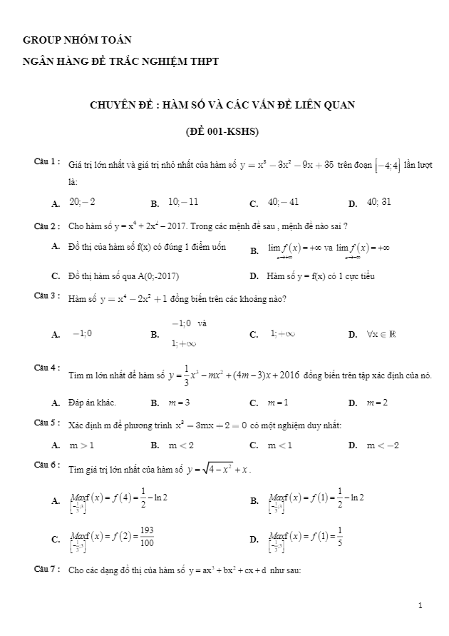 350 câu hỏi trắc nghiệm chuyên đề hàm số và các vấn đề liên quan – nhóm toán