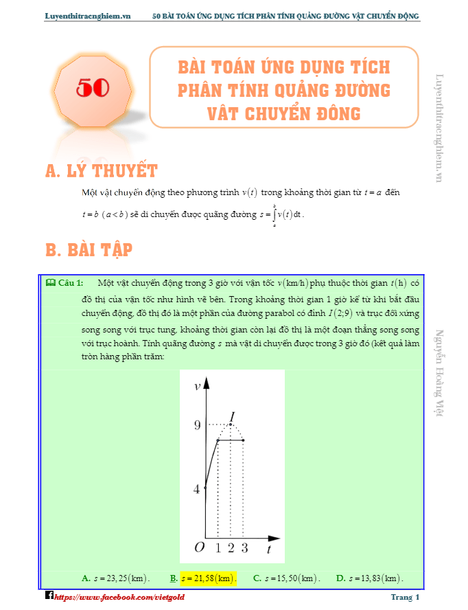 50 bài toán ứng dụng tích phân tính quãng đường vật chuyển động