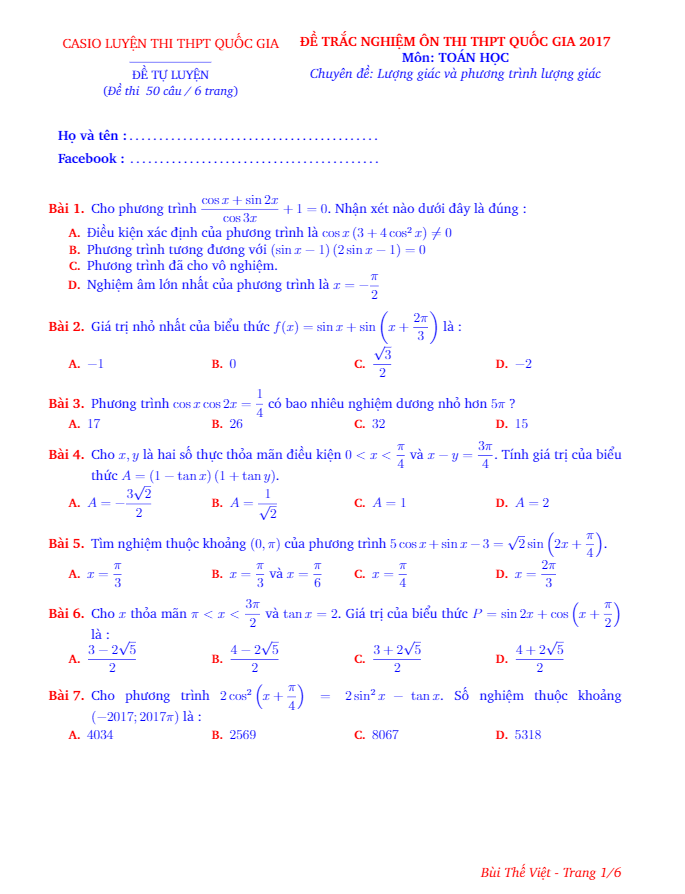 50 câu trắc nghiệm chuyên đề lượng giác – bùi thế việt