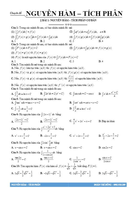 55 câu trắc nghiệm nguyên hàm, tích phân và ứng dụng – đoàn trí dũng