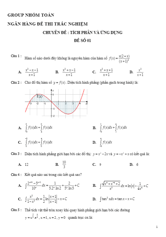 600 câu hỏi trắc nghiệm chuyên đề tích phân và ứng dụng – nhóm toán