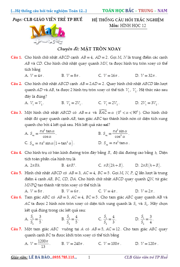65 câu trắc nghiệm chuyên đề mặt tròn xoay – lê bá bảo