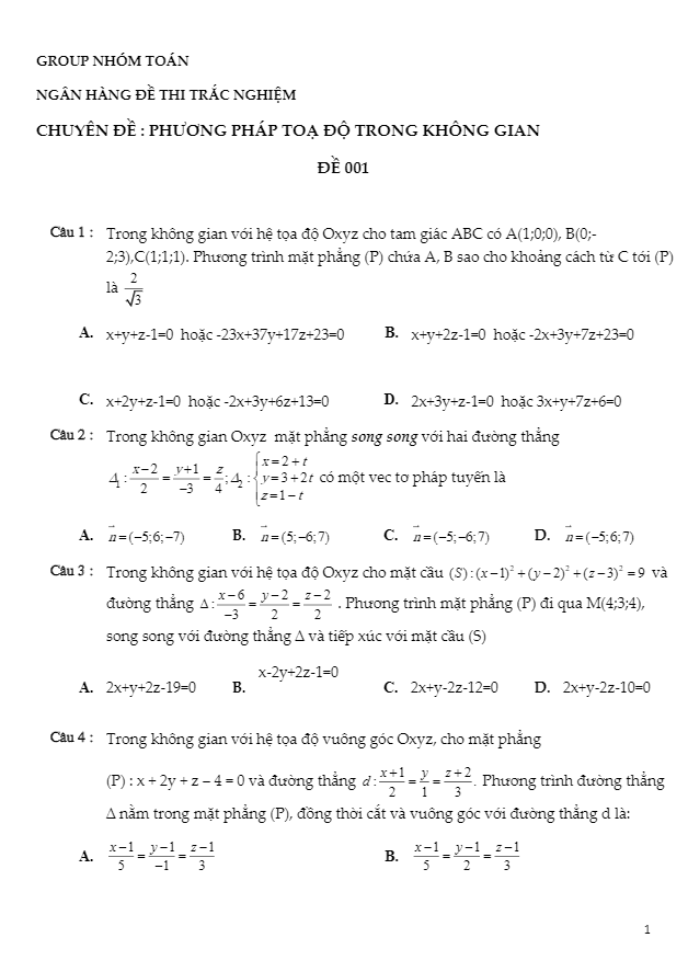 650 câu hỏi trắc nghiệm chuyên đề phương pháp tọa độ trong không gian – nhóm toán