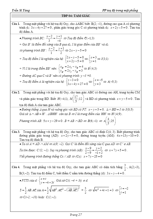 75 bài tập tọa độ phẳng có lời giải – phần tam giác – trần sĩ tùng