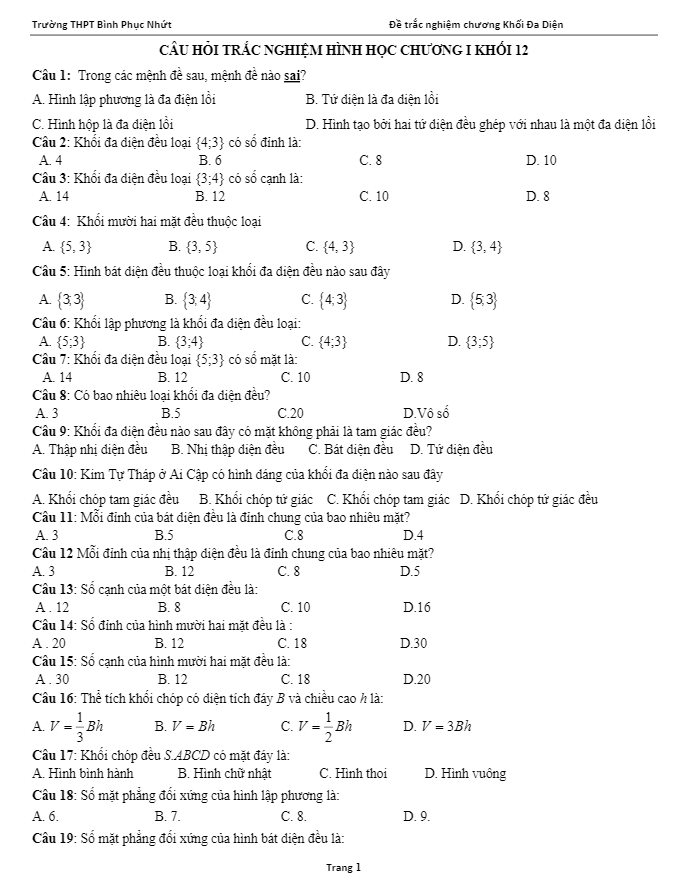 75 câu trắc nghiệm khối đa diện – thpt bình phục nhứt, tiền giang