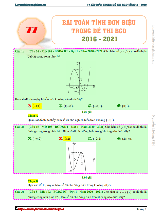 77 bài toán tính đơn điệu của hàm số trong đề thi thpt môn toán (2016 – 2021)