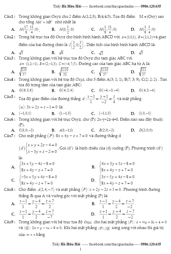 81 bài tập trắc nghiệm phương pháp tọa độ trong không gian – hà hữu hải