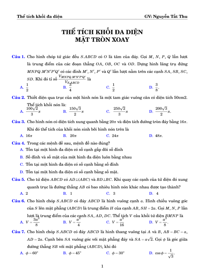 88 câu trắc nghiệm thể tích khối đa diện và mặt tròn xoay – nguyễn tất thu
