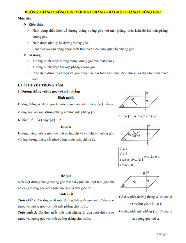 bài giảng đường thẳng vuông góc với mặt phẳng, hai mặt phẳng vuông góc