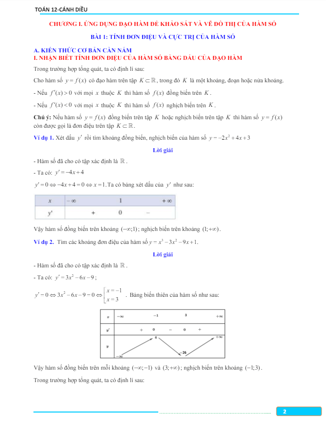 bài giảng ứng dụng đạo hàm để khảo sát và vẽ đồ thị của hàm số toán 12 cánh diều
