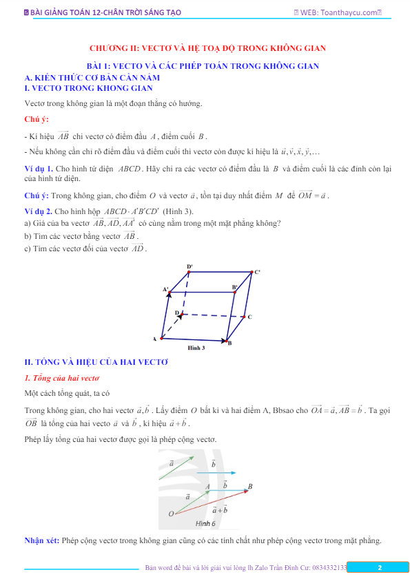 bài giảng vectơ và hệ tọa độ trong không gian toán 12 ctst